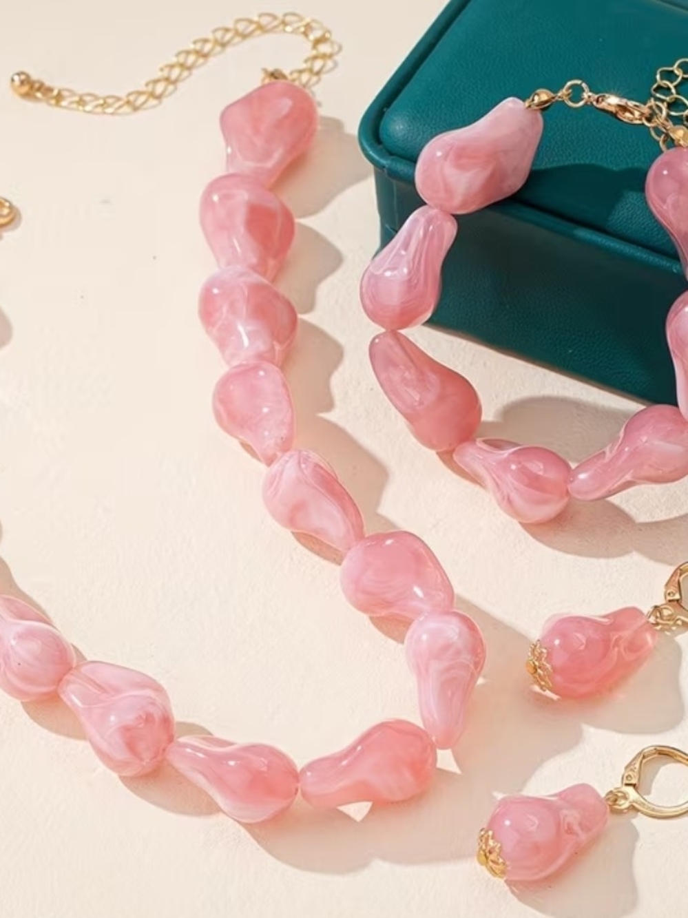 Rose Pink Resin Bead Necklace & Bracelet Set with Gold-Tone Accents